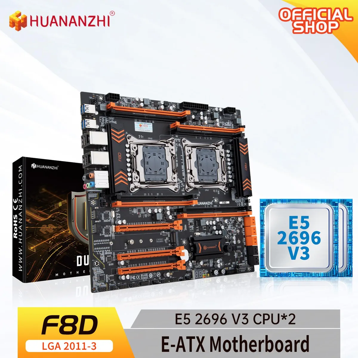 HUANANZHI HUANANZHI X99 F8D Intel motherboard with dual Xeon E5-2696 V3 — product photo