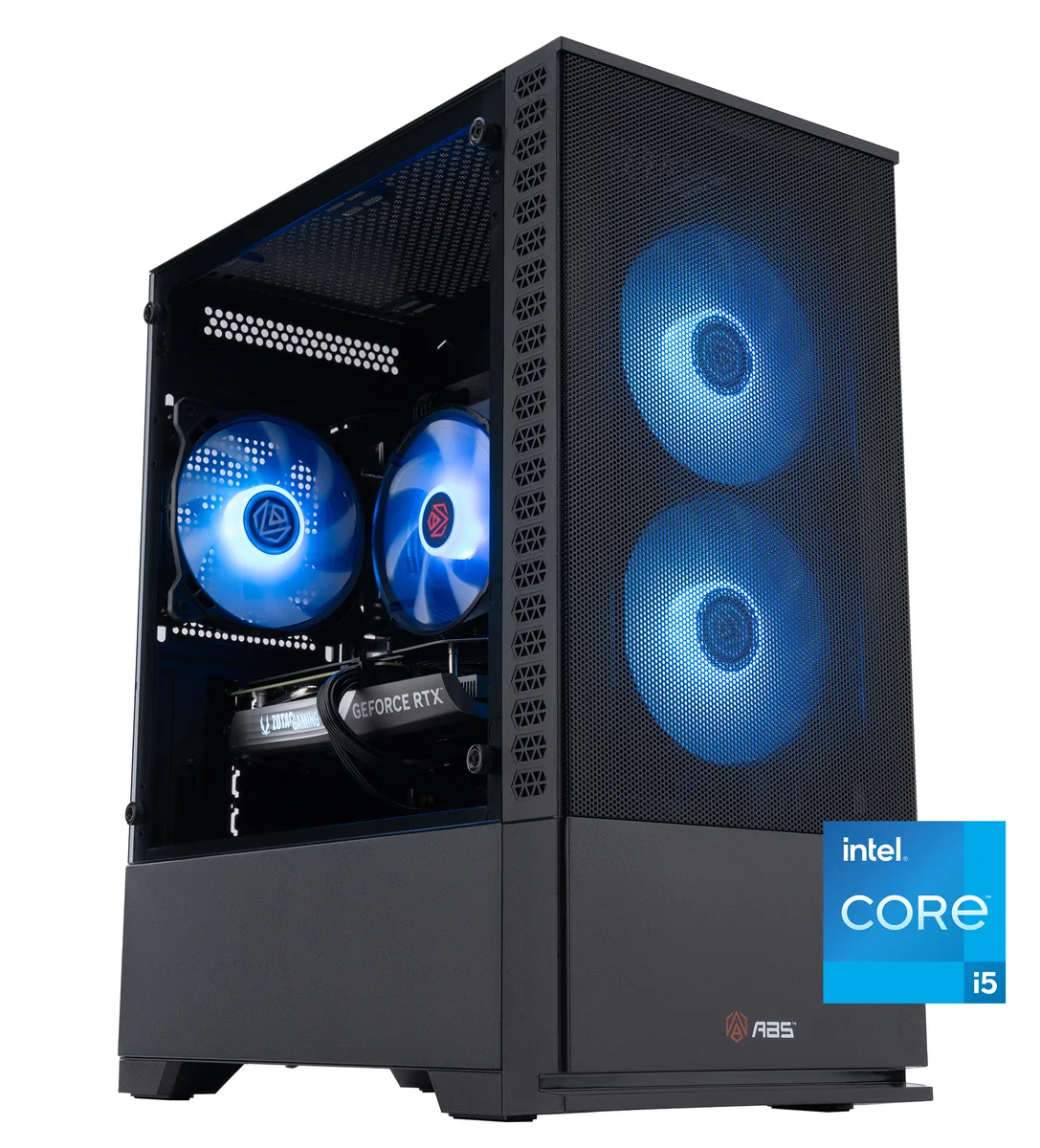 Black micro-tower gaming desktop with RGB air cooler visible through side panel