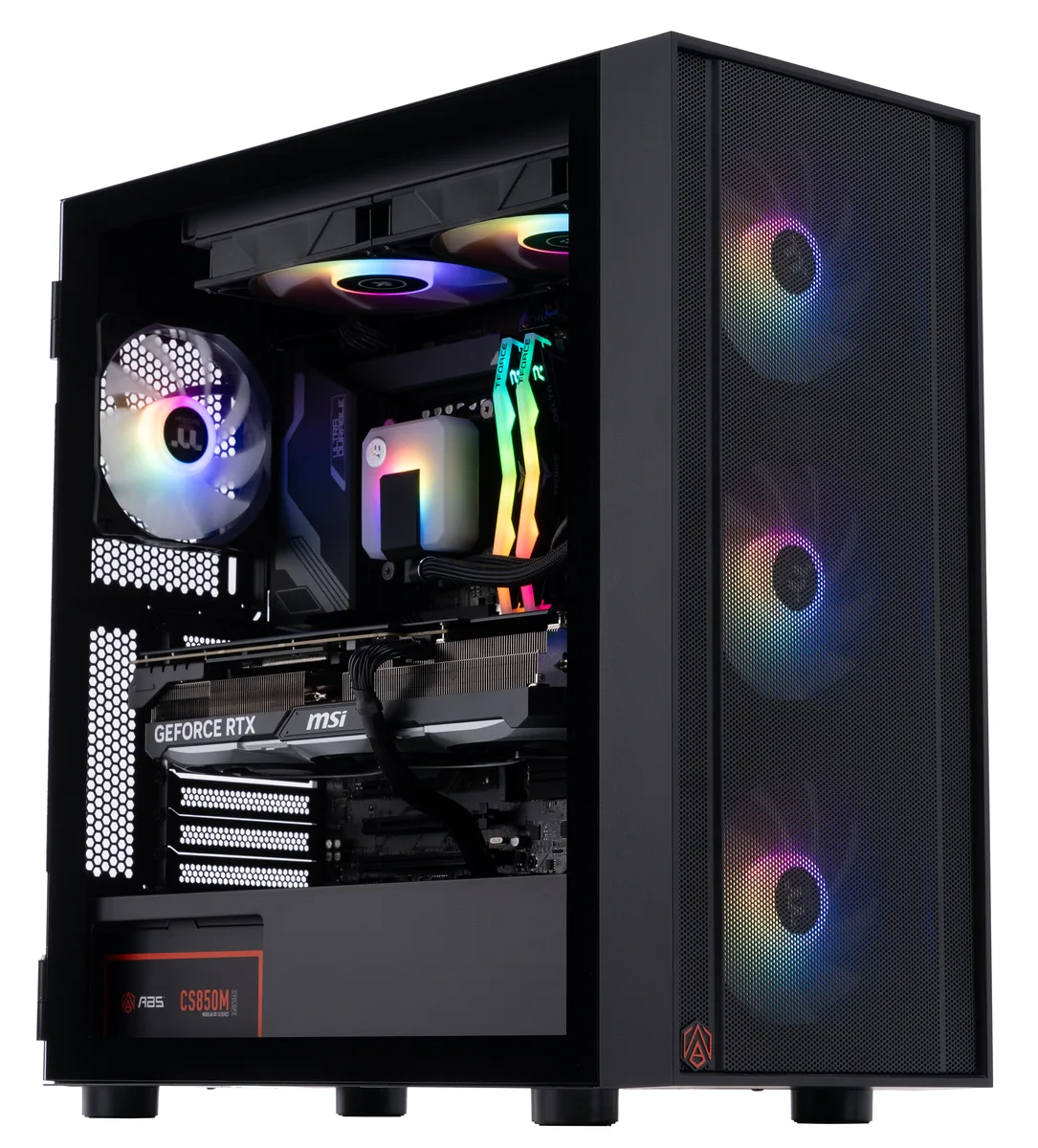 Black mid-tower desktop with tempered glass side panel and RGB-lit liquid cooler visible inside