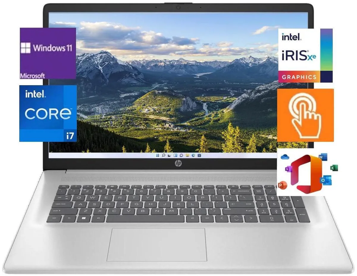 Silver 17.3 inch HD+ touchscreen laptop with backlit keyboard
