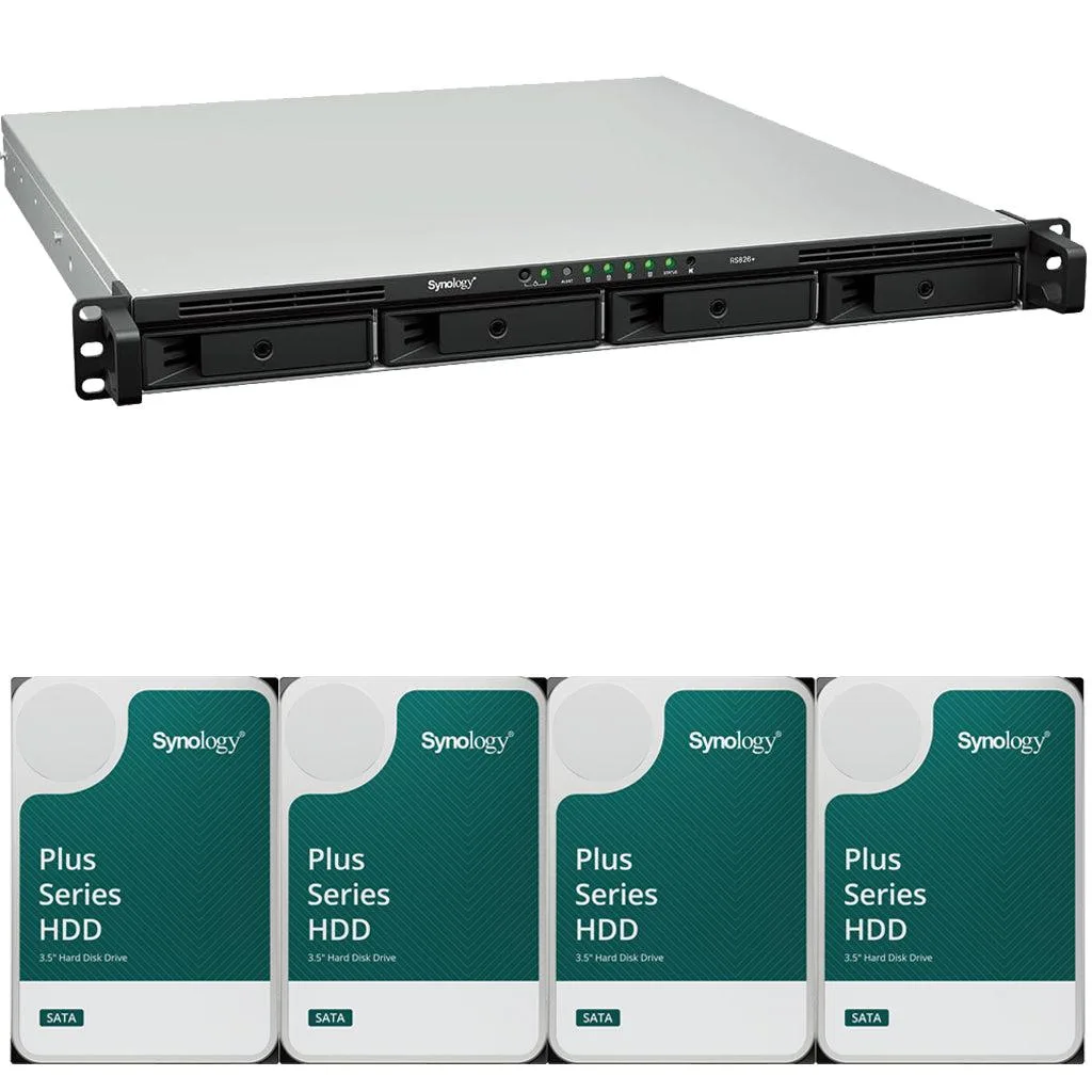 Silver 1U rackmount NAS, four front drive bays, LED indicators, rear ports visible