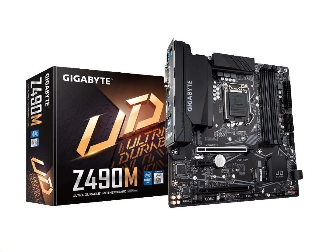 Green Micro ATX motherboard with black heatsinks and silver LGA 1200 socket