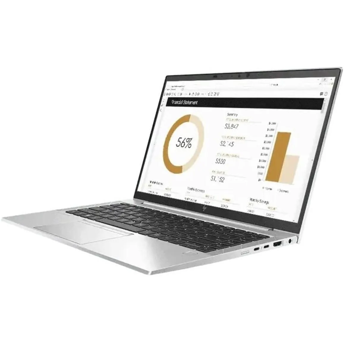 Silver 14-inch touchscreen laptop with thin bezels, closed lid showing HP logo