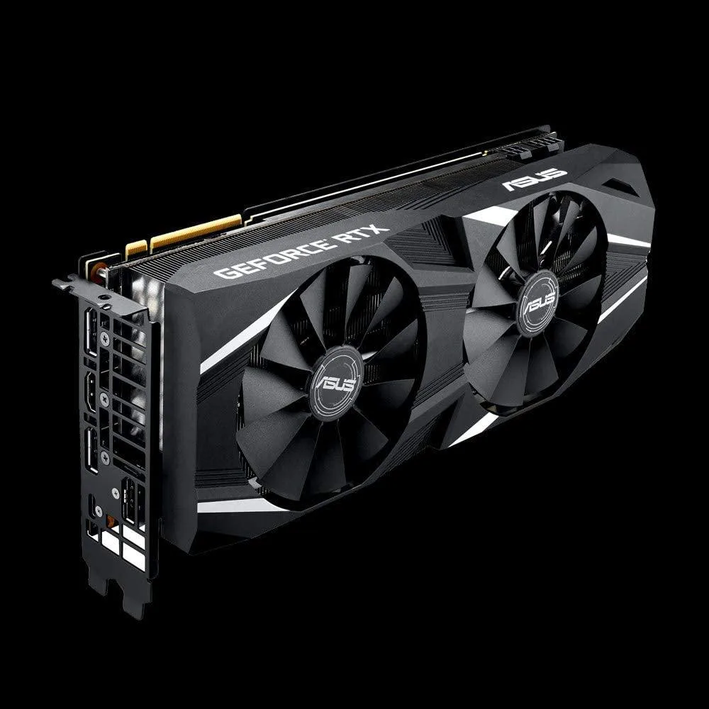 ASUS GeForce RTX 2080 DUAL graphics card, dual-slot cooler, silver and black shroud, two axial fans, metal backplate, HDMI and