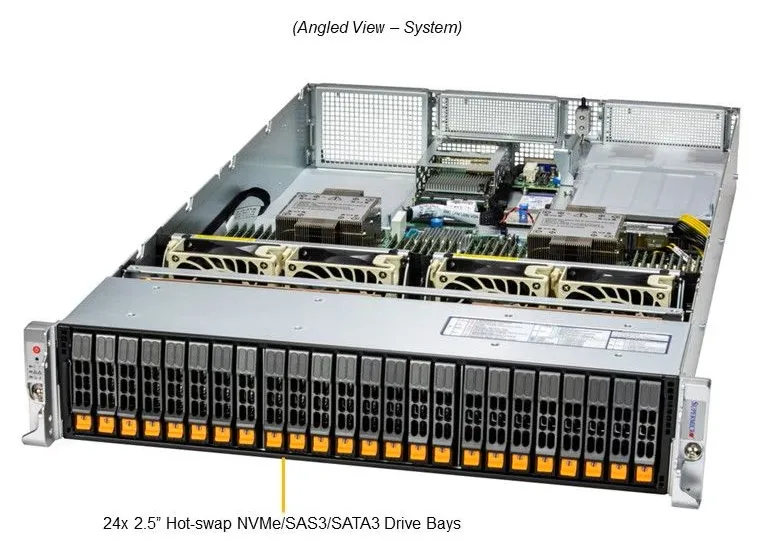 Silver 2U rack server front with 24 drive bays