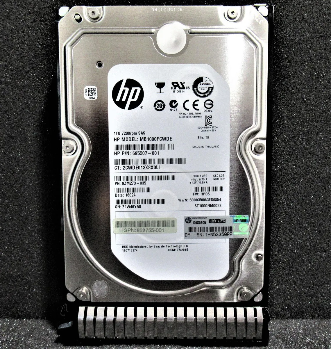3.5 inch SAS hard drive in black caddy tray