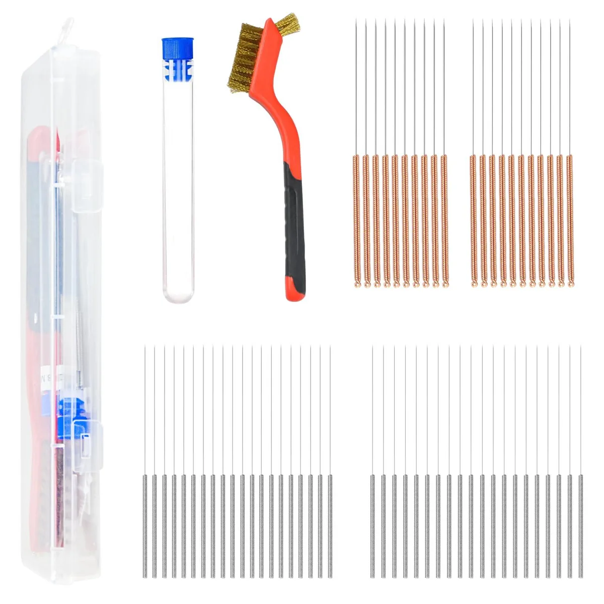 Transparent storage box holding 61 stainless steel cleaning needles in four diameters and a copper wire brush with curved handle