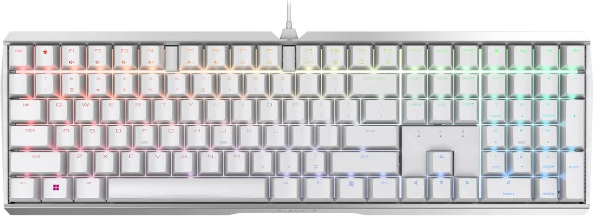 Full-size white mechanical keyboard with aluminium housing and RGB backlighting