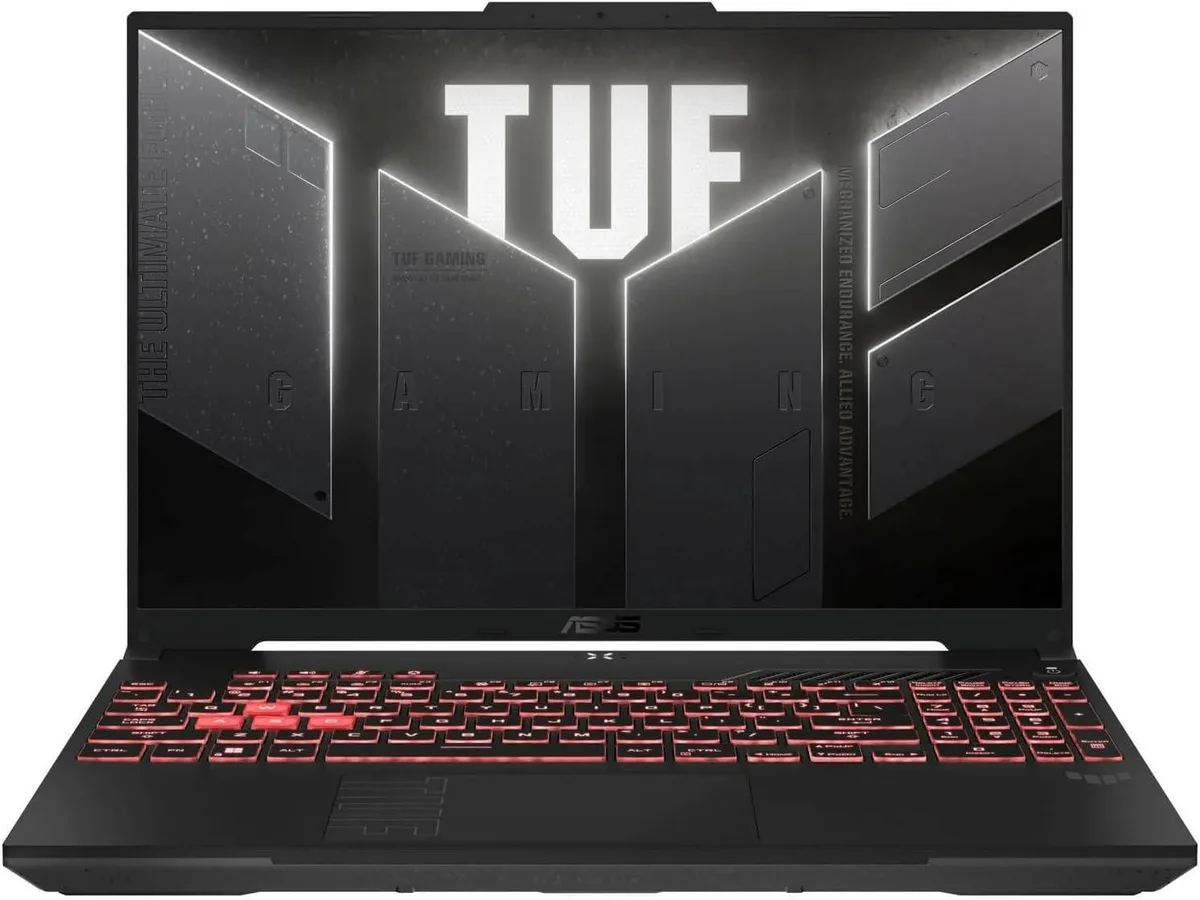 Black ASUS TUF A16 gaming laptop, 16 inch matte screen, slim profile