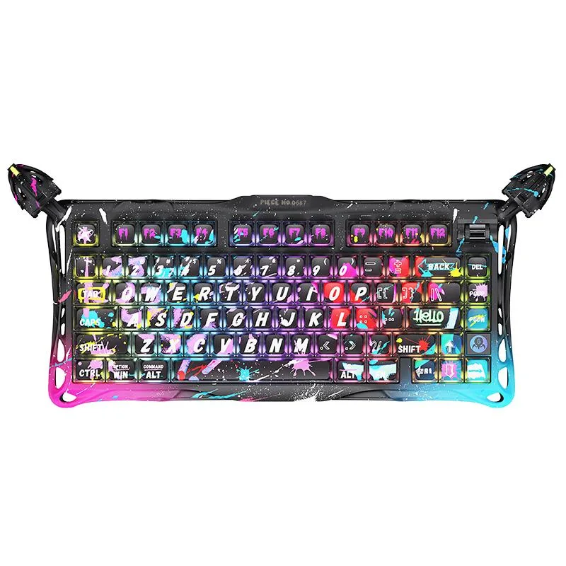 Compact 79-key gaming keyboard with neon graffiti finish and aluminium frame