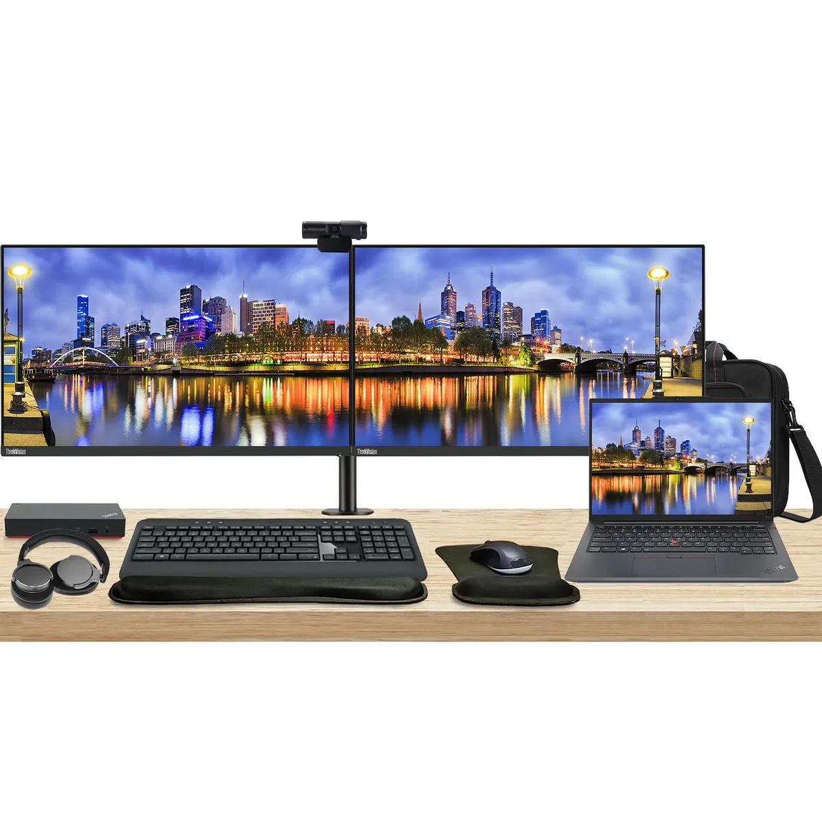 Lenovo Lenovo ThinkPad E14 Gen 5 laptop Ryzen 5 16GB 256GB bundle dual 27" monitors dock accessories — foto do produto