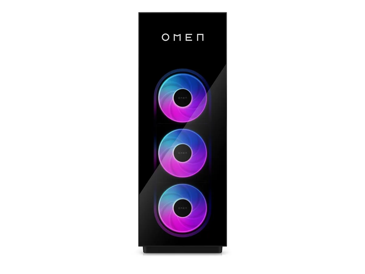Black OMEN MAX 45L gaming desktop tower with RGB memory visible