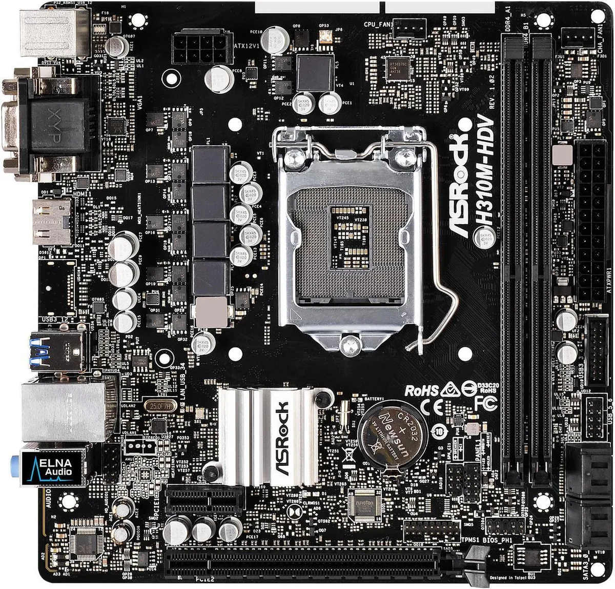 Green Micro ATX motherboard with silver PCIe slots, black DIMM sockets, blue SATA ports, rear I/O shield showing VGA, DVI-D, HDMI