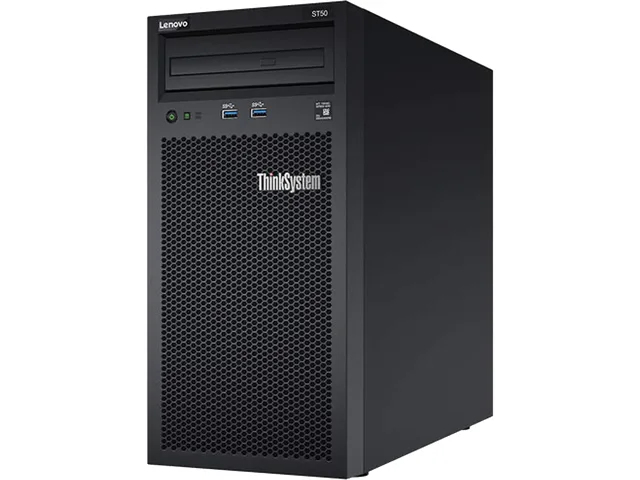 Lenovo ThinkSystem ST50 tower server in dark finish with front optical drive bay