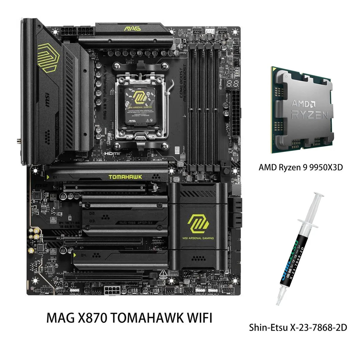 MSI MAG X870 TOMAHAWK WIFI AM5 motherboard with Ryzen 9 9950X3D CPU installed