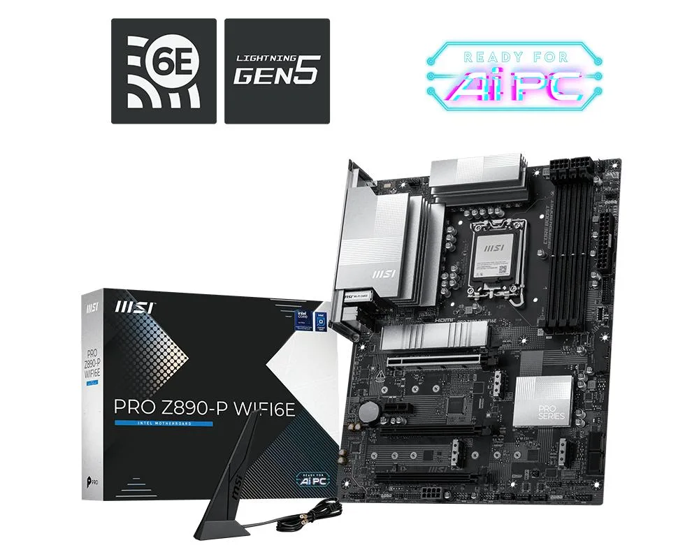 ATX motherboard with silver heatsinks and black PCB