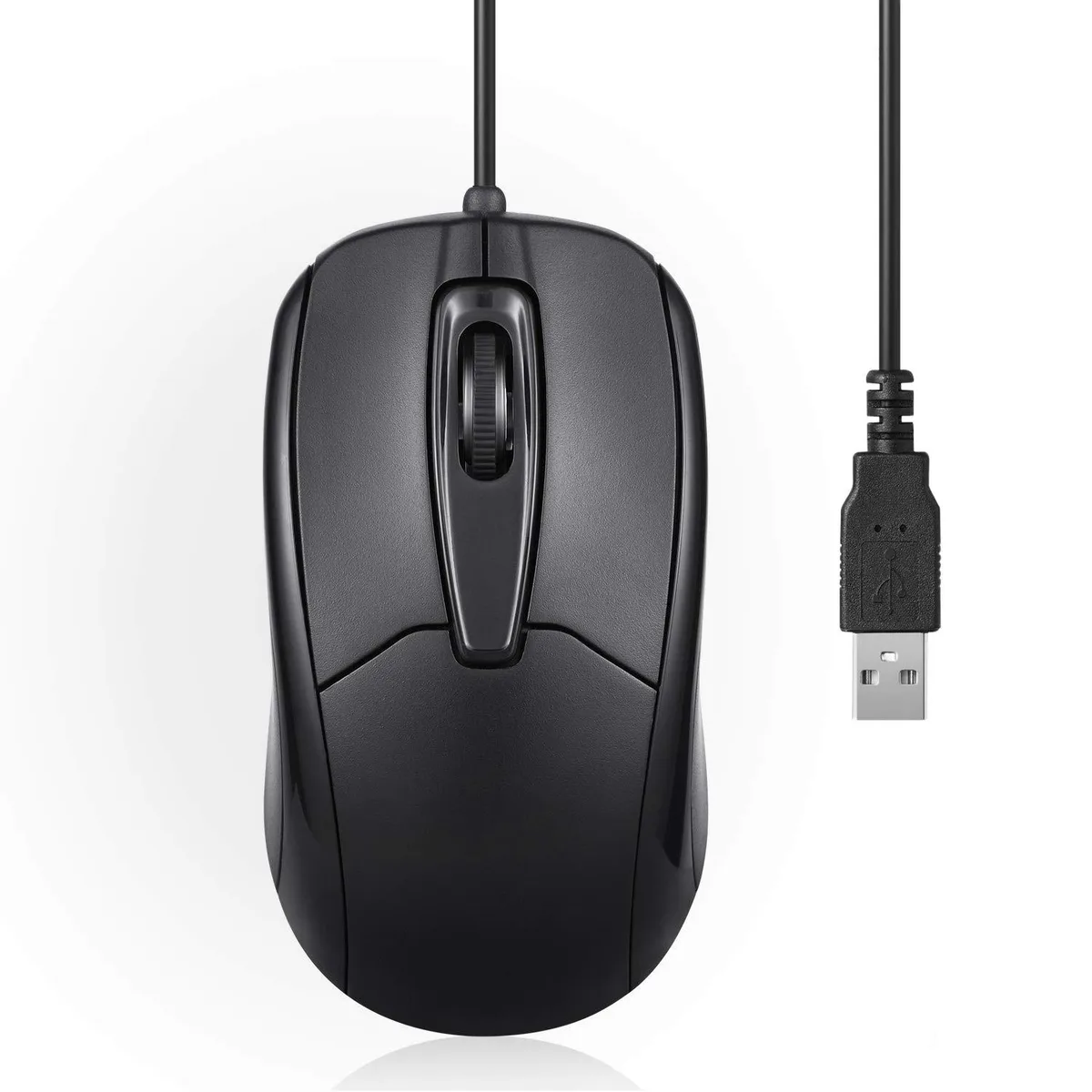 Black wired USB mouse, symmetrical shape, three buttons, 5.9 ft cable