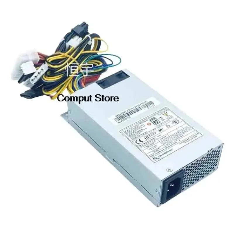 Silver rectangular 1U power supply unit with fan grille and rear connectors