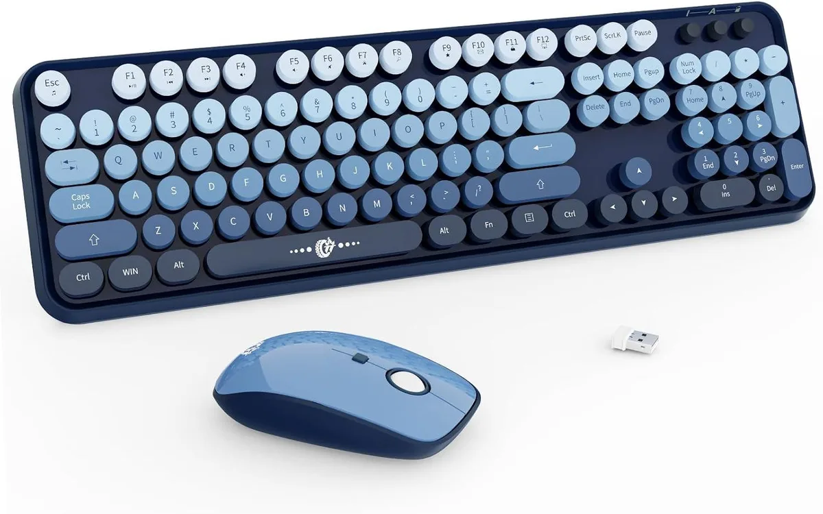 Full-size wireless keyboard in blue gradient finish, 104 round keys, compact 13.5 by 4.2 by 1.2 inch form