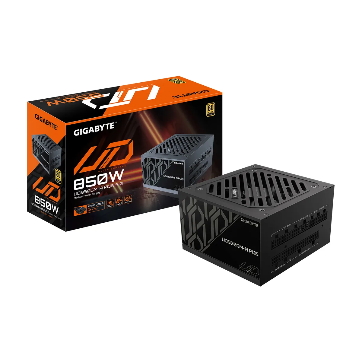 Rectangular silver ATX power supply with fully modular cable sockets and a 120mm fan grille