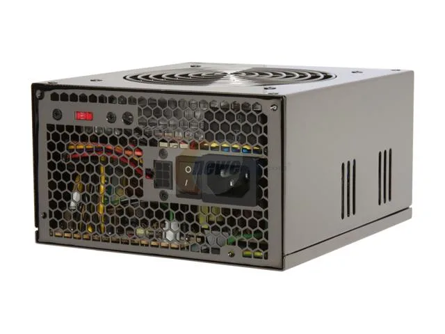 Black rectangular ATX power supply with single fan and fixed cables