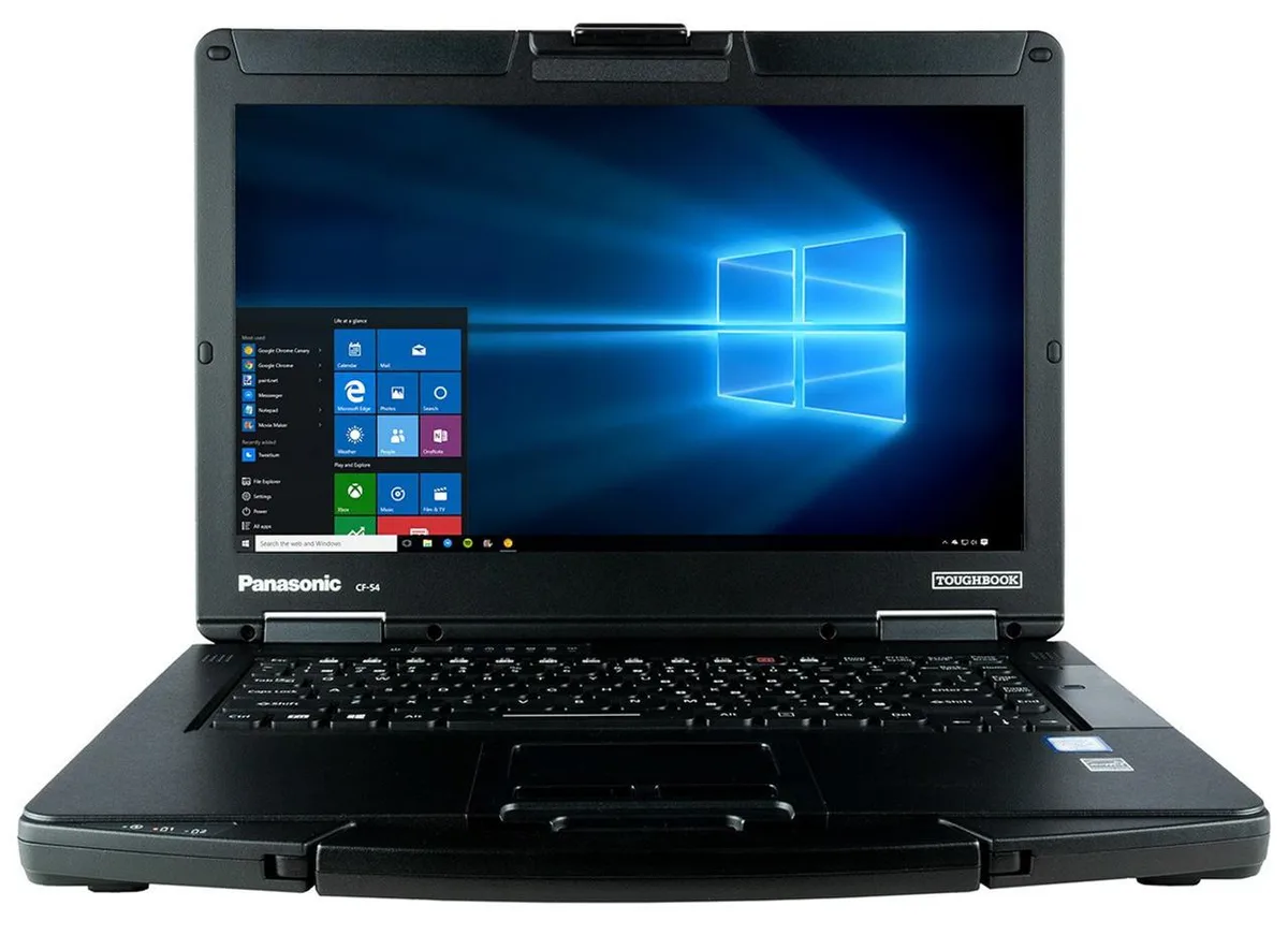 Semi-rugged black and silver 14 inch laptop with touchscreen display and backlit keyboard