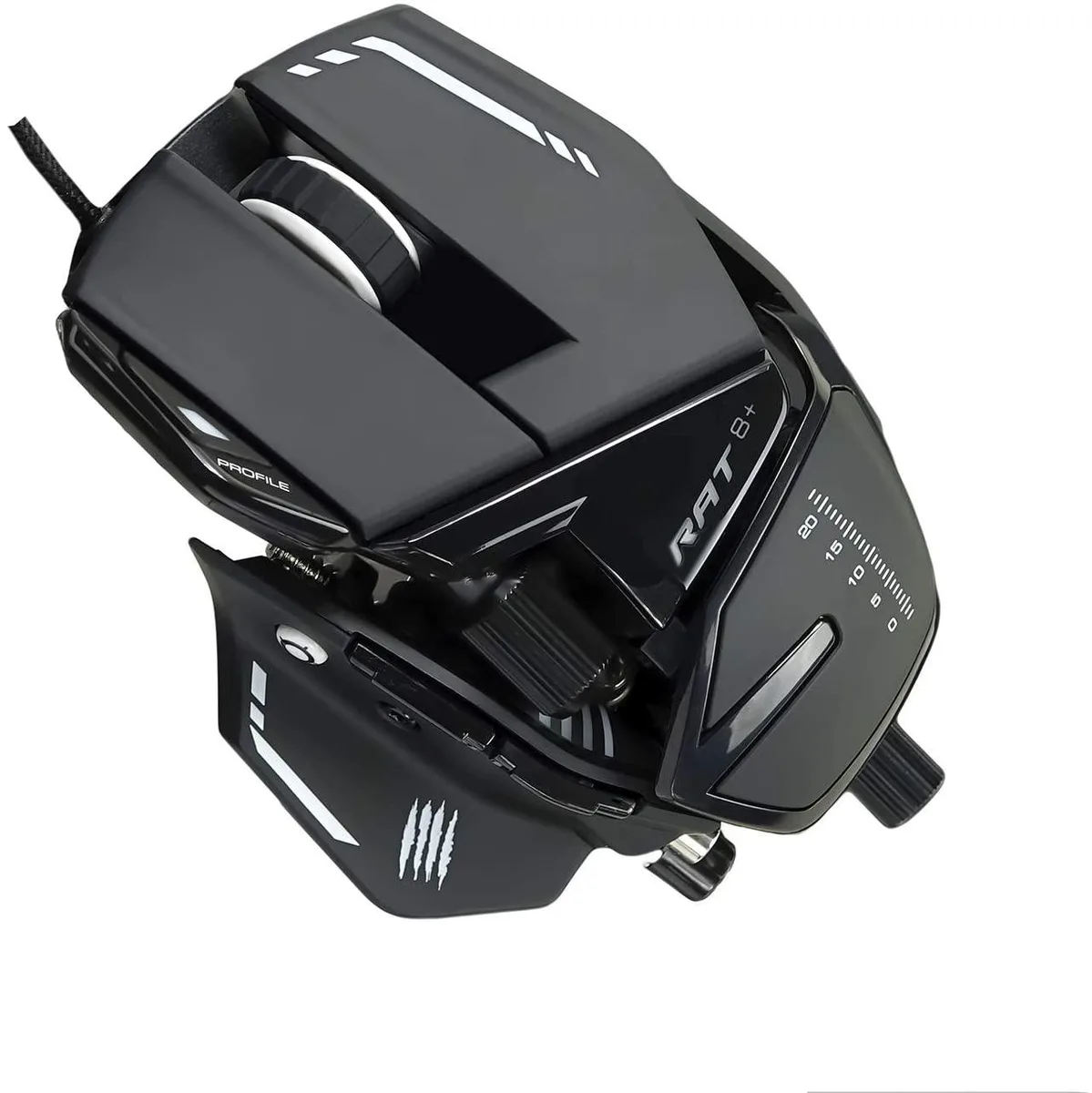Angular black wired gaming mouse with adjustable palm rest, pinky rest, side scroll wheel and weight system