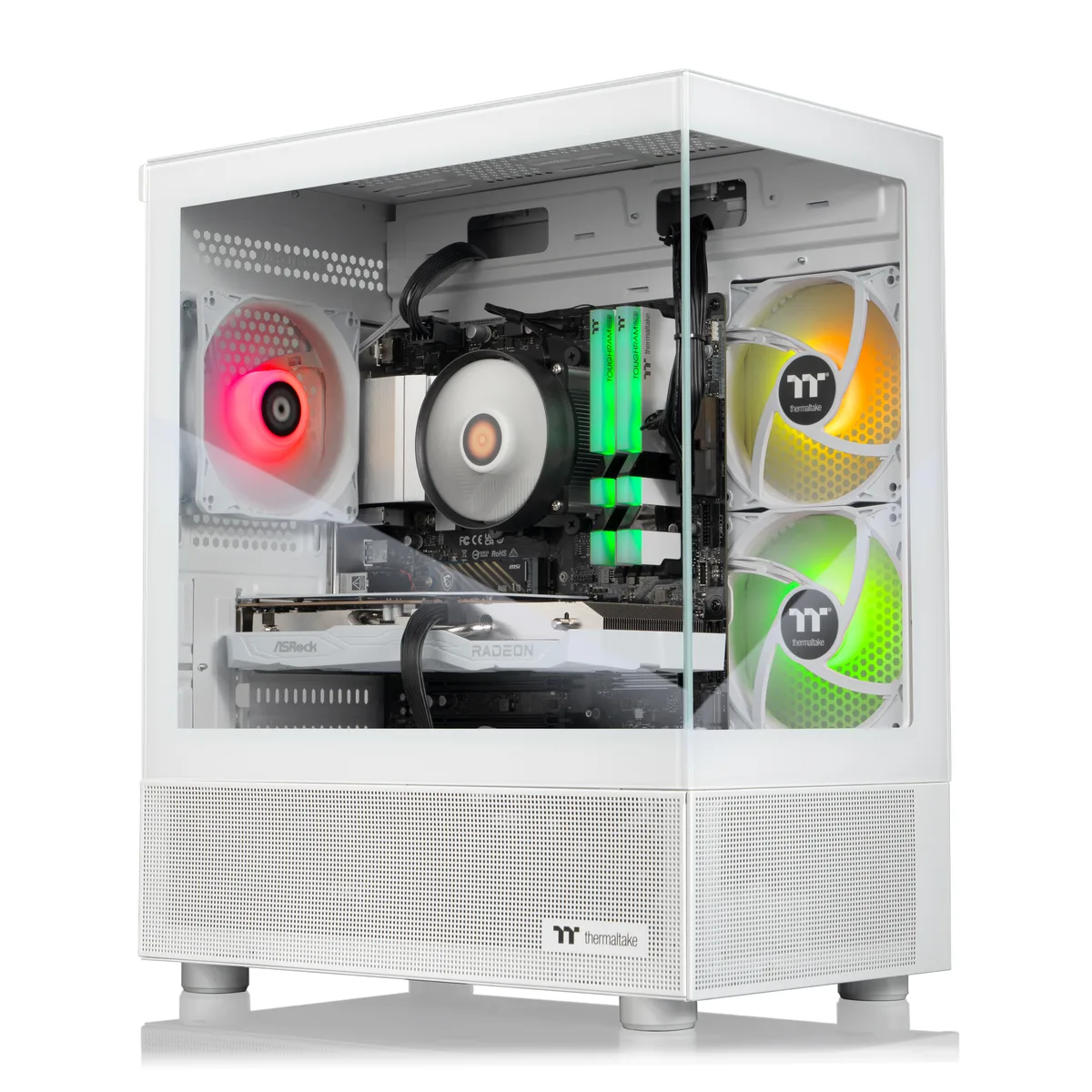 White mid-tower gaming PC with tempered glass side panel