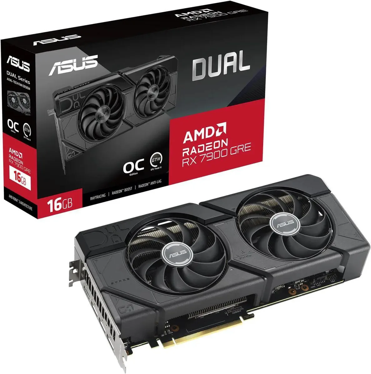 ASUS Dual Radeon RX 7900 GRE OC Edition 16GB graphics card with dual fans and metal backplate