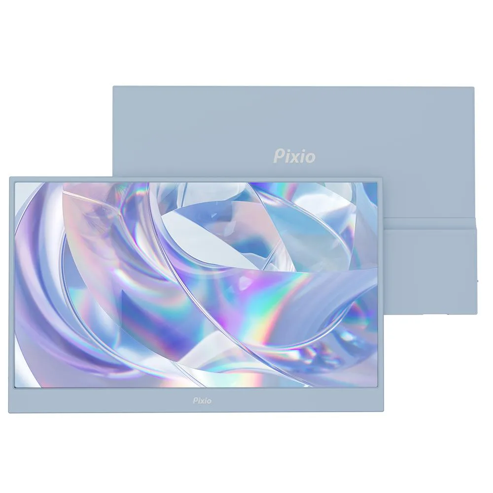 A thin 15.6 inch blue portable monitor with a matte IPS screen and magnetic cover stand