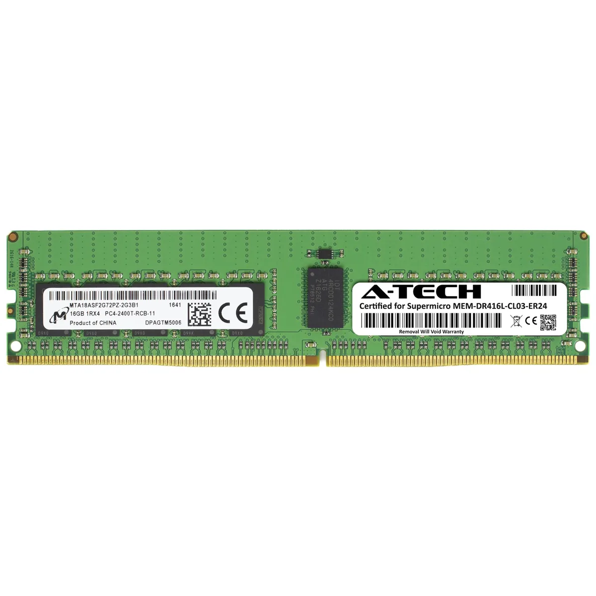 Green 288-pin DDR4 RDIMM module with black chips and a white label