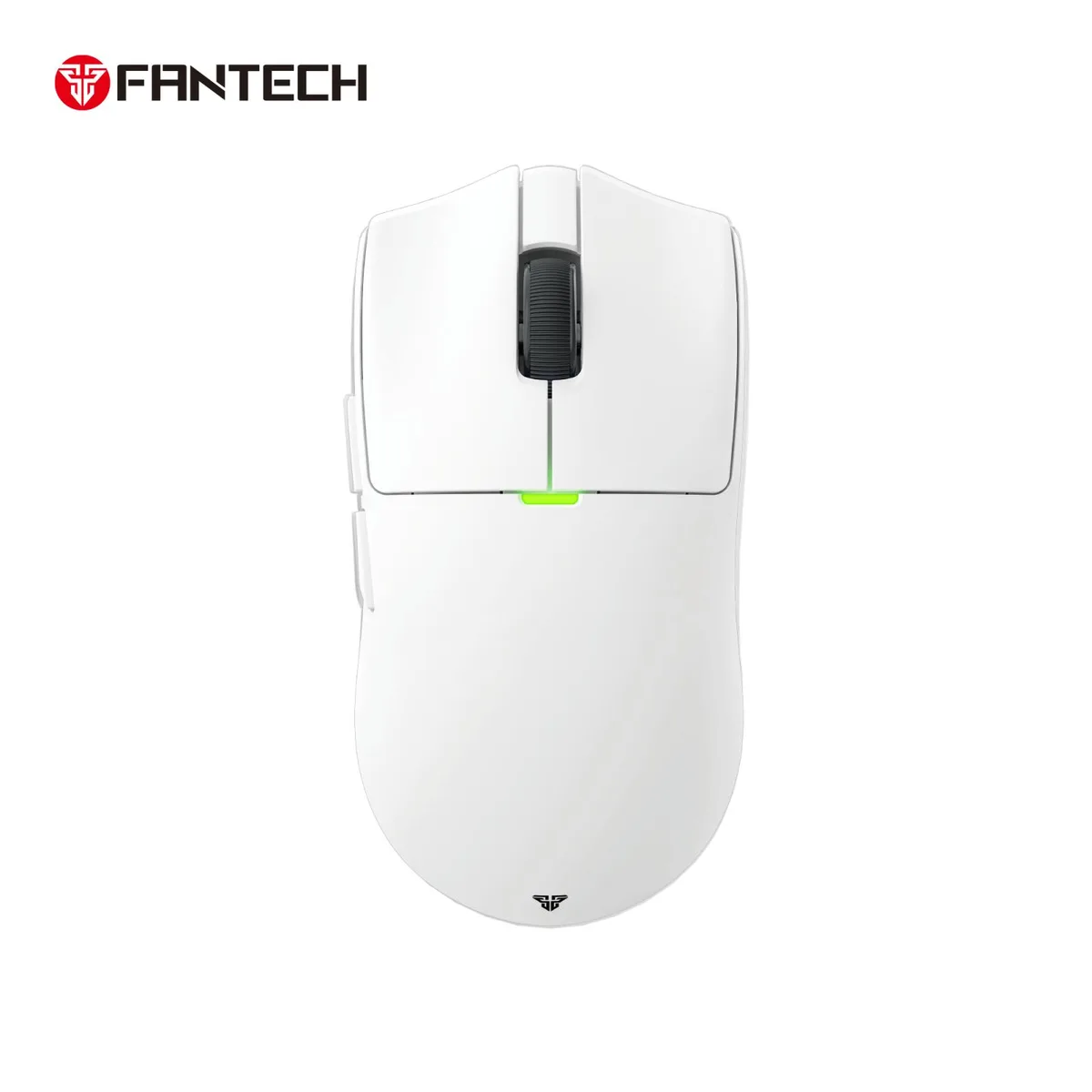 White ambidextrous wireless gaming mouse with transparent green shell and white dots, RGB charging dock included