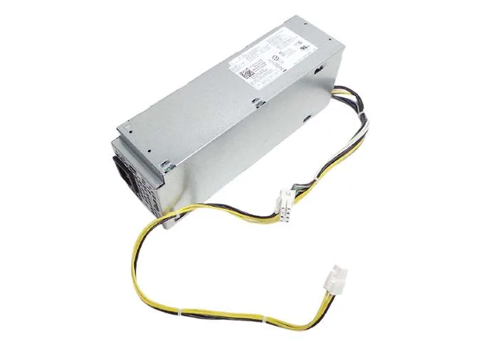 Rectangular silver ATX power supply unit with ventilation grille and label sticker