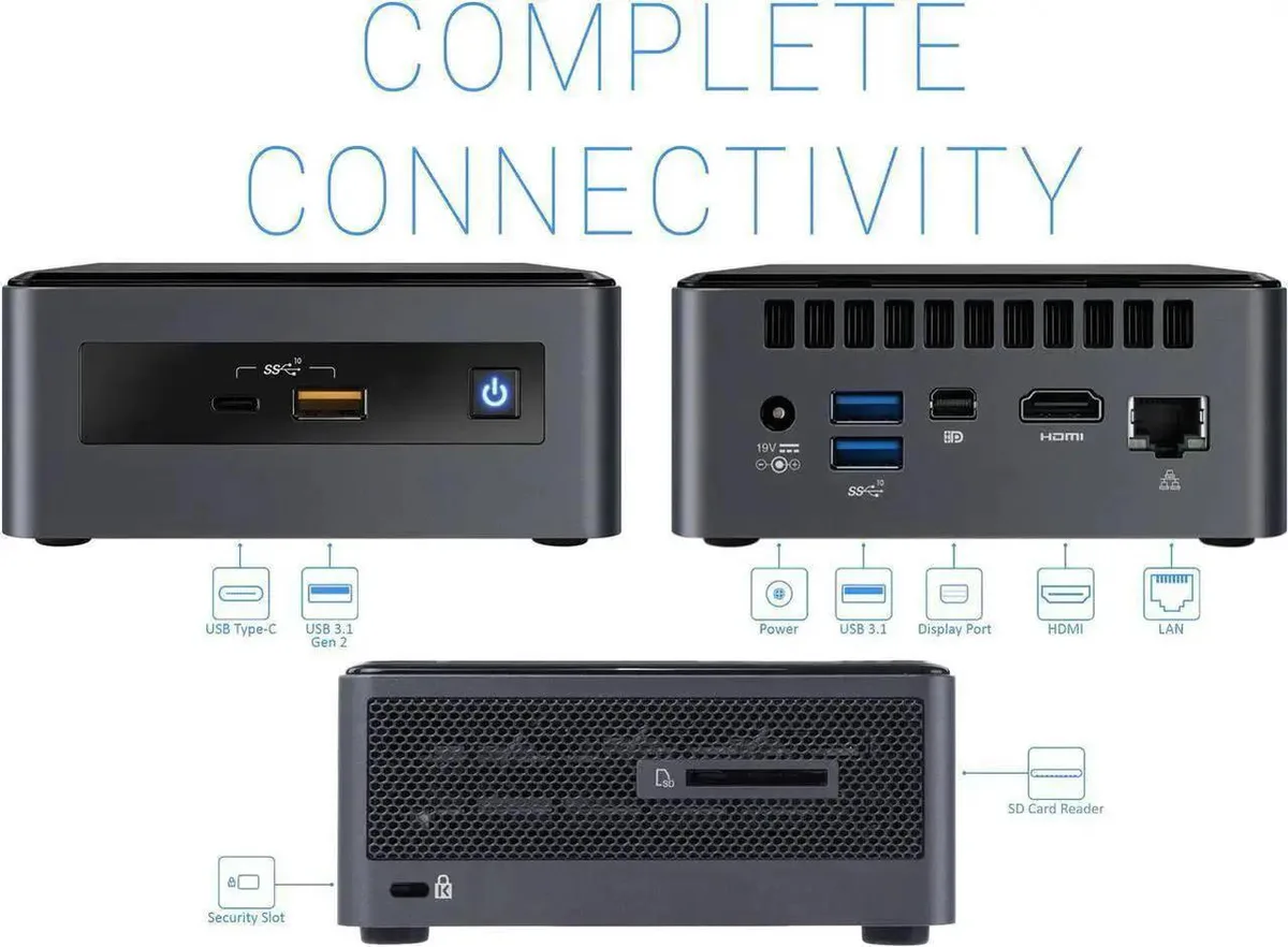 Compact square mini PC in matte black finish
