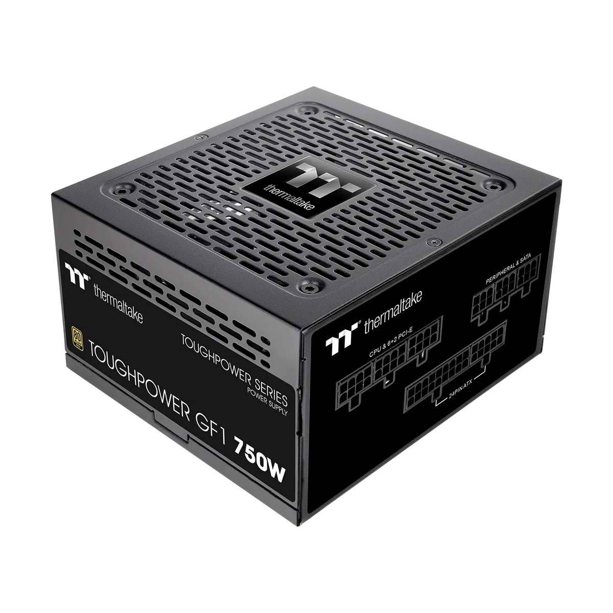 Rectangular black ATX power supply unit with 120mm fan grille and modular cable sockets visible