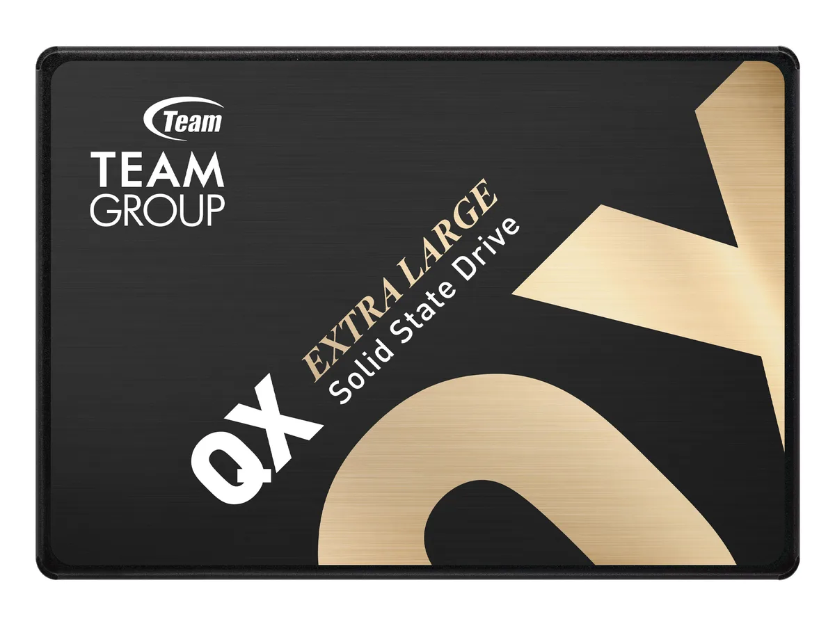 Silver rectangular 2.5 inch internal SSD with label showing QX 4TB SATA III