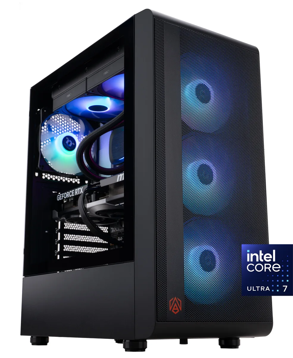 Black mid-tower gaming desktop with glass side panel and RGB lighting