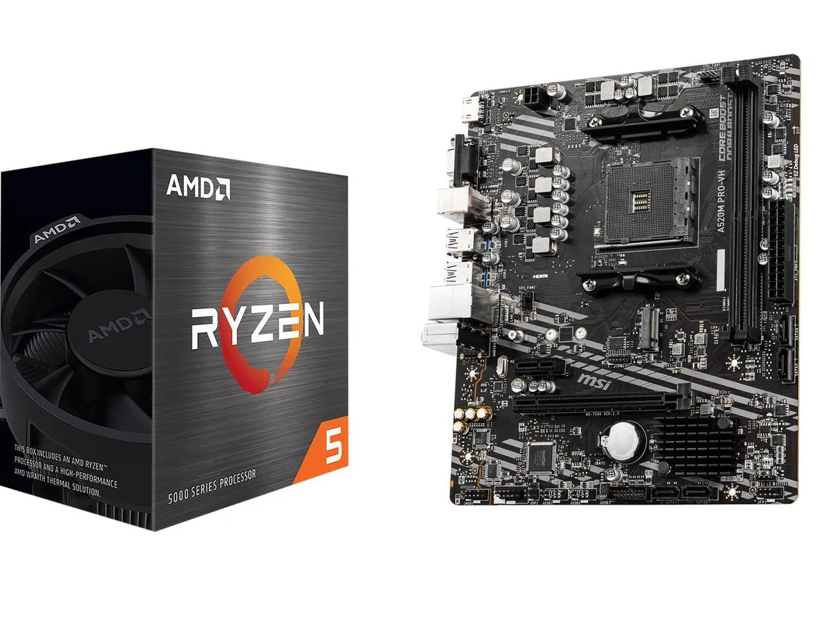 MSI MSI A520M PRO-VH AMD motherboard and Ryzen 5 5500 65W combo — product photo
