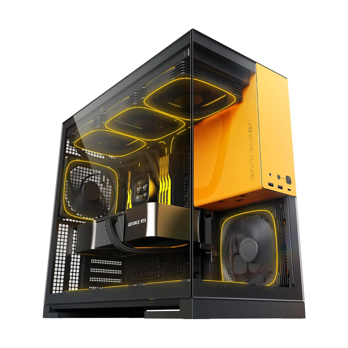 Black and yellow mid-tower case with tempered glass panels and pre-installed ARGB fans