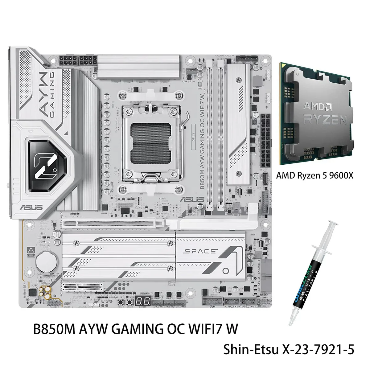 White mATX motherboard with silver heatsinks and Ryzen 5 9600X CPU installed
