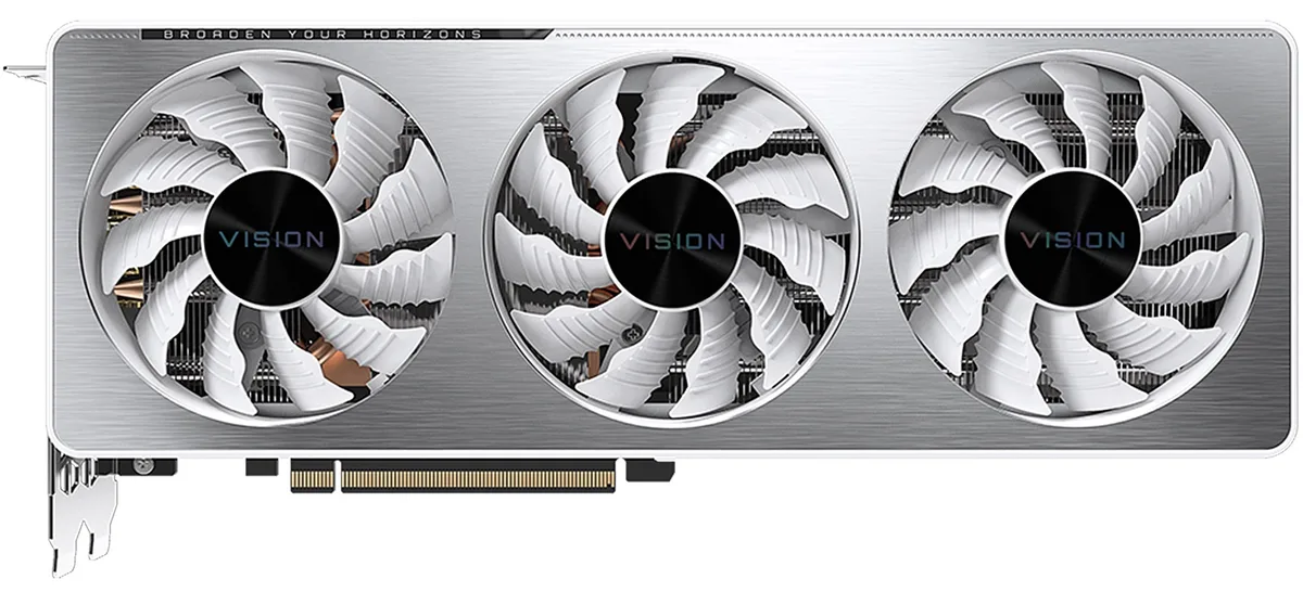 Silver triple-fan graphics card with metal backplate