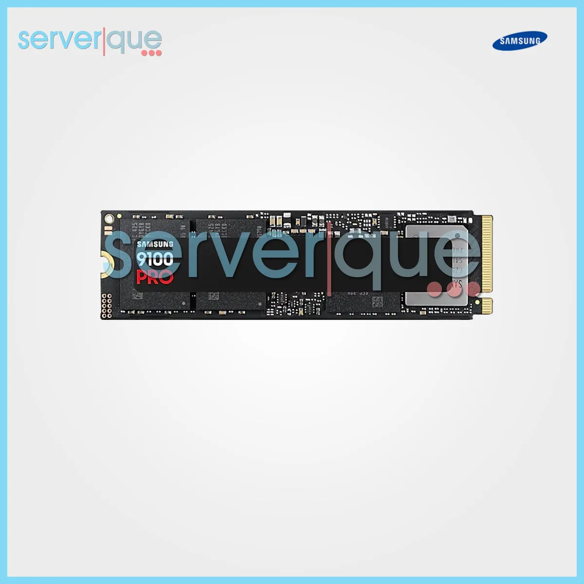 Green rectangular M.2 2280 circuit board with black controller and silver Samsung 9100 PRO label