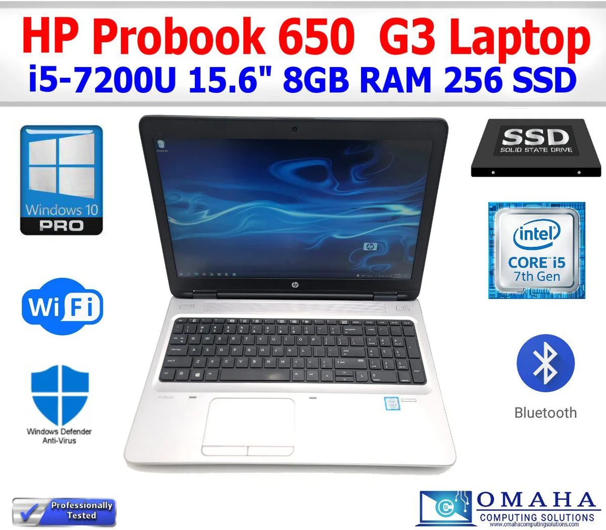 Silver HP EliteBook 650 G3 laptop 15.6 inch screen open on desk