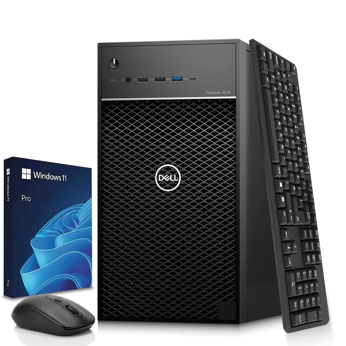 Black Dell Precision 3630 tower desktop with wireless keyboard and mouse