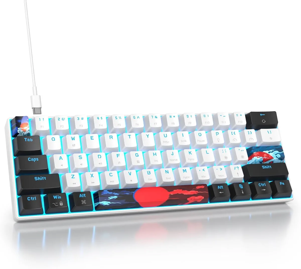 Compact white 60 percent mechanical keyboard with ice-blue backlit PBT keycaps and red linear switches