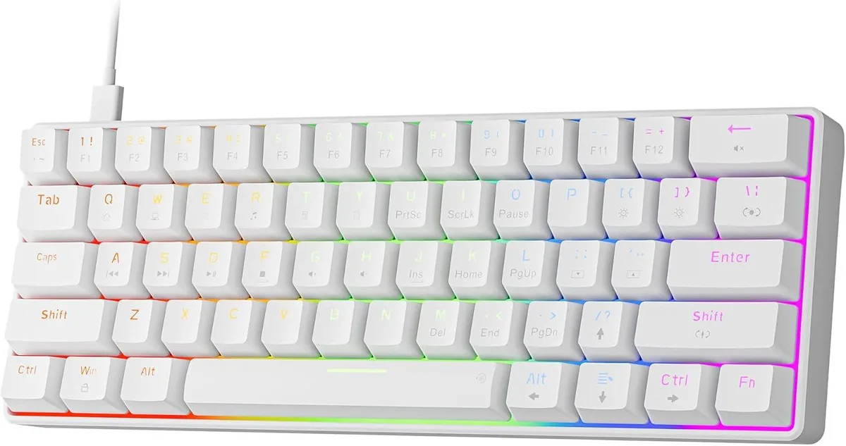 Compact 60 percent mechanical keyboard with white keycaps and rainbow LED backlighting