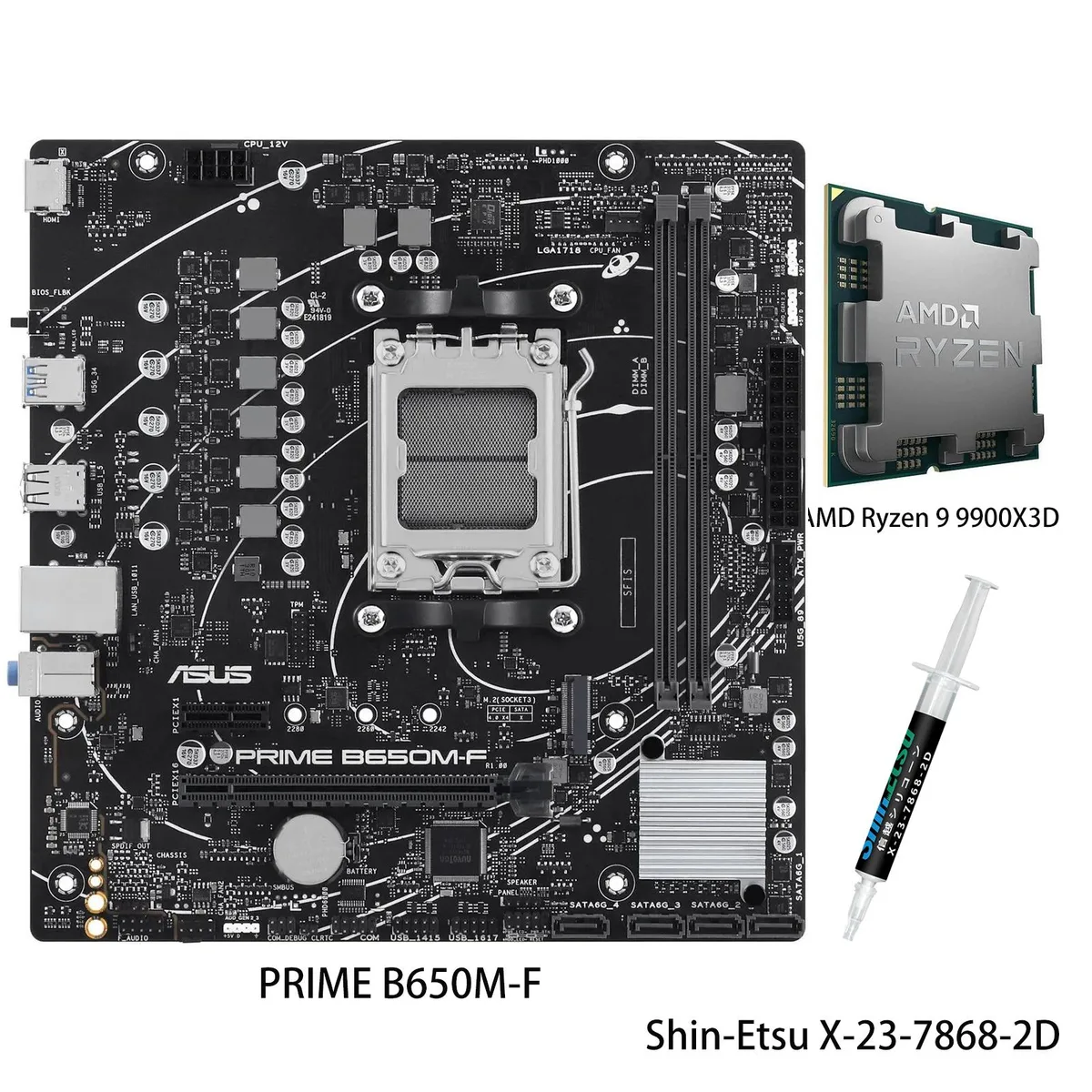 Micro-ATX motherboard with AM5 socket and Ryzen 9 9900X3D CPU installed