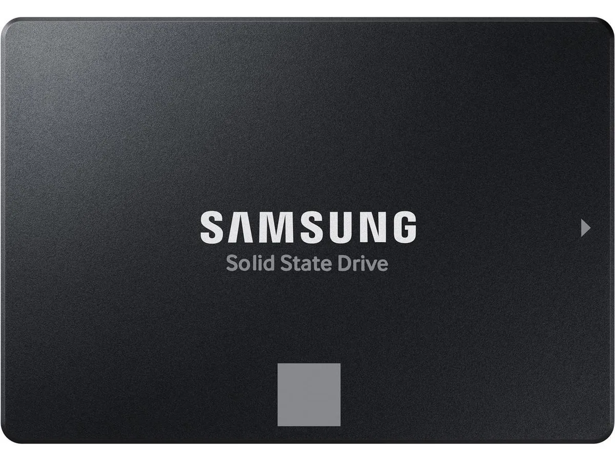 Rectangular 2.5 inch internal SSD with black metal casing and label