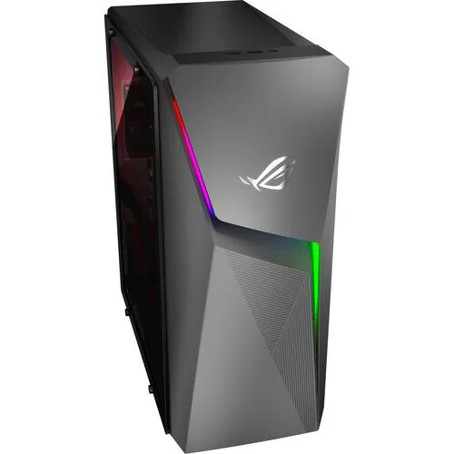 Gray mid-tower gaming desktop with angular front panel and ROG branding