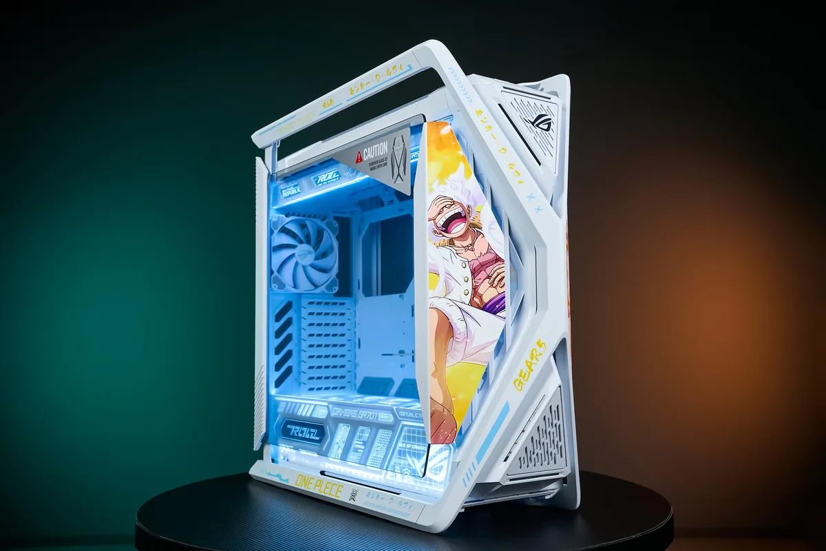 White full-tower E-ATX case with dual tempered glass panels and UV-printed front panel